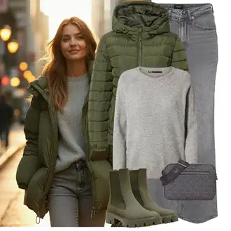 Outfit s Tmavě zelená Chelsea Boty/Gumová Kotníková Bota/Kožená bunda Only "Zimní look"