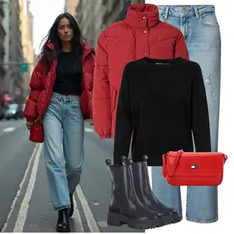 S zakovicama Outfit sa Crna Chelsea Gležnjača/Kožna Jakna/Ravna Gležnjača/Podstavljena Gležnjača/Motociklistička čizma Tamaris "Moderan zimski outfit"Look: Skating, Jahanje, Trekking, Hodanje, S zakovicama