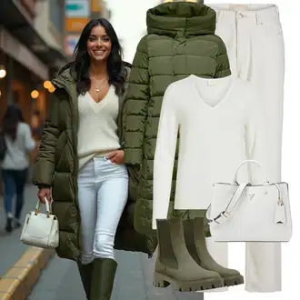 S Pertlanjem Outfit sa Svjetlozelena/Krem/Bijela/Kaki Traperice Ravne Nogavice/Mom Jean/Traperice s Prorezom/Sužene Traperice/Dad Traperice/Formalna Košulja/Vintage traperice/Traperice Opuštenog Kroja jjxx "Savršen za zimu"