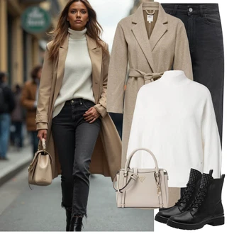 Outfit s Šedá/Béžová/Hnědá/Khaki Vlněný Kabát/Dlouhý kabát/Dlouhý Kabát/Zimní Kabát Vlněný kabát/Kašmírový Kabát/Lodenový kabát/Midi Kabát Only "Zimní look"
