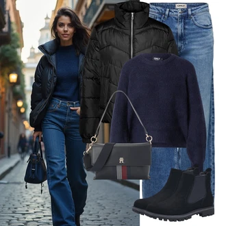 Outfit s Světle modrá/Modrá Zvonová Kalhoty/Kalhoty se Štěrbinou/Kalhoty s dírou Only "Zimní look"