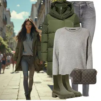 Outfit s Tmavě zelená Chelsea Boty/Gumová Kotníková Bota/Kožená bunda Only "Zimní look"