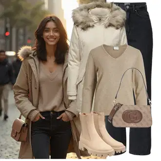 Outfit s Béžová/Khaki/Hnědá Chelsea Boty/Letní kotníková kozačka/Kožená bunda Only "Perfektní na zimu"