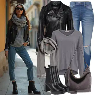 Outfiti Za Zabave Preprosta mit Črna/Temno siva Vintage usnjena jakna/Usnjena Bomber Jakna/Jakna iz Umetnega Usnja/Vintage Jakna/Kratka Jakna/Motoristična jakna answear lab "Moden videz za jesen"Look: Preprosta, Mokrega videza, Modna, Vintage, Delovna oblačila, Eleganten, Prevelik, Egirl, Layered