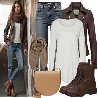 Zimske Outfiti Kratka mit Črna/Rjava/Bela Ženski Pulover/Usnjena jakna/Športni pulover/Fleece pulover emporio armani underwear "Moden videz za jesen"