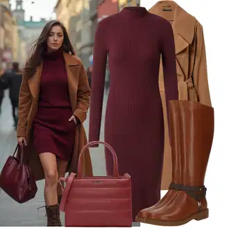 Outfit s Béžová/Hnědá Přechodový Kabát/Vlněný Kabát/Kašmírový Kabát/Vintage Kabát/Oversize Kabát/Lodenový kabát/Zimní Kabát Vlněný kabát/Midi Kabát Sisley "Zimní look"