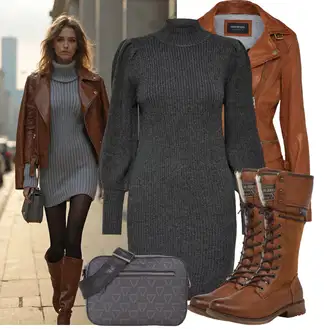 Outfity na zimu s Šedá/Tmavě šedá/Černá Šaty S Rolákem/Svetrové Šaty/Pletené Šaty/Zimní Pletené Šaty Only "Zimní look"