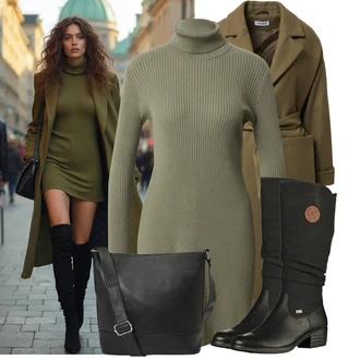 Outfit s Černá Zimní Kozačka/Dlouhá Kozačka/Bota se širokým nohavici/Klasická kozačka/Plochá kozačka nad koleno/Nepromokavá kozačka/Jezdecká Bota Rieker "Zimní look"