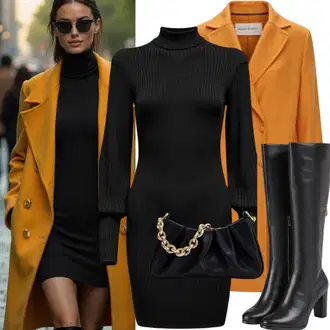 Outfit sa Crna Haljina S Visokim Ovratnikom/Zimska Haljina Zimska Pletena Haljina/Duga pletena haljina/Džemper Haljina Noisy may "Modni izgled za jesen"