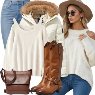 Outfity na podzim s Šedá/Hnědá/Béžová/Světle šedá Kozačka nad Kolena/Kožená Kozačka nad Koleno/Dlouhá Kozačka/Kozačka Na Podpatku/Kozačka po Kolena/Kozačka se zipem/Špičatá Kozačka About You "Módní zimní outfit"