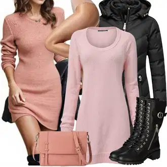 Dresses outfits Plemenita Zima mit Roza Pulover Obleka/Obleka s ščitnikom za vrat/Dolga pletena obleka/Zimska Pletena Obleka morgan "Modni zimski outfit"Look: Kolo, Plemenita, Preprosta, Glamurozno, Eleganten, Modna, Seksi, Softgirl, Egirl, Mehko, Prevelik, Overdressed