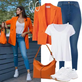 outfit mit Rjava/Krem/Bela/Roza/Oranžna Pletenina/Obleka Kratek Blejzer Boss "Oranžni suknjič v poletnem videzu"