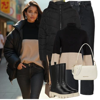 Boja Outfit sa Crna/Bež/Bijela/Smeđa Čizmica Chelsea Gležnjača/Čizma od Janjeće Kože/Motociklistička čizma/Čizma s Platformom/Široke čizme/Klasična čizmica/Duga Čizma About You "Savršen za zimu"
