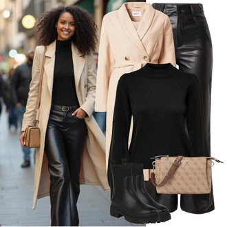 Outfit s Černá/Hnědá/Bílá/Zelená/Oranžová Kalhoty z Umělé Kůže/Zvonová Kalhoty Kožené Zvonové Kalhoty/Kožená Kalhoty/Kalhoty se Štěrbinou/Vinylové kalhoty madmext "Módní zimní outfit"
