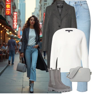 Outfity s boyfriend džínami Zima s Bílá/Krémová Basic Svetr/Kašmírový Svetr/Svetr z Jemné Pleteniny/Kašmírový Svetr/Jednoduchý Svetr/Vlněný Svetr/Svetr s Kulatým Výstřihem VERO MODA "Stylový zimní outfity"