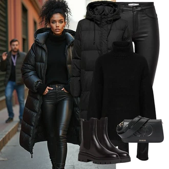 Nadrozměrné Outfit s Černá Dlouhý Zimní Kabát/Dlouhý Péřový Kabát/Péřový Kabát Only "Zimní look"Look: Hip Hop, Pro Dům, Nadrozměrné