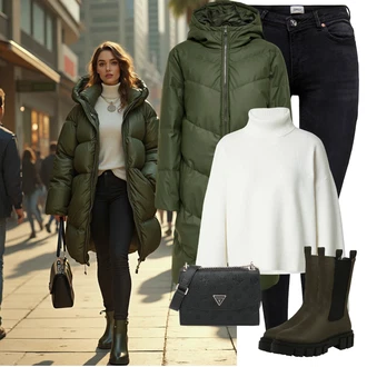 Hunting Outfit s Tmavě zelená Kozačka Chelsea Boty/Kožená bunda/Gumová Kotníková Bota About You "Trendový zimní vzhled"Look: Jízda na koni, Turistika, Hunting, Trekking