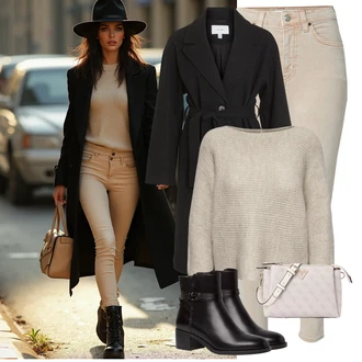 Outfit s Černá Přechodový Kabát/Vlněný kabát/Midi Kabát/Kašmírový Kabát/Trenčkot/Trenčkot/Dlouhý kabát/Letní Kabát/Vlněný Kabát Vila "Zimní look"