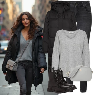 Outfit s Černá Zimní Kabát/Dlouhý Péřový Kabát/Dlouhý Zimní Kabát/Parka/Péřový Kabát/Přechodový Kabát/Kabát s Kapucí VERO MODA "Zimní look"