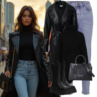 Kombinacije s "mom" trapericama Stil sa Svjetloplava Mom Jean/Vintage traperice/Sužene Traperice/Dad Traperice/Muška Kožna Jakna/Boyfriend Jeans/Skraćene Traperice/High Waist Traperice/Girlfriend Traperice/Slip-on Traperice Pieces "Cool zimski outfit"