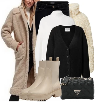 S Třásně Outfit s Hnědá/Béžová/Khaki Chelsea Boty/Kožená bunda/Gumová Kotníková Bota/Plochá Kotníková Bota/Kotníková Bota s Podšívkou About You "Outfity na zimu"