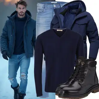 Outfit mit Schwarz Schnürstiefelette/Springerstiefel/Flache Stiefelette/Klassischer Stiefel/Lammfell Stiefel/Leder Stiefelette/Schnürschuh Tommy Hilfiger "Perfekt für den Winter"