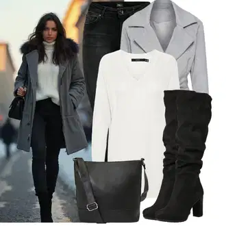 Kombinacije s čizmama sa Crna Čizma do Koljena/Široke čizme/Čizma Iznad Koljena/Duga Čizma/Čizma na visoku petu/Čizma na Špic About You "Cool zimski outfit"