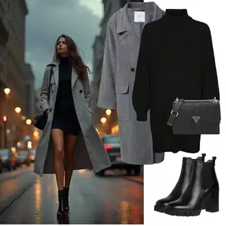 Outfit sa Crna Haljina S Visokim Ovratnikom/Zimska Haljina Zimska Pletena Haljina/Duga pletena haljina/Džemper Haljina Noisy may "Elegantan zimski outfit"
