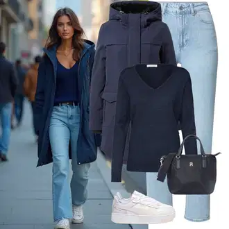 Outfity s boyfriend džínami Zima s Tmavě modrá/Modrá Zimní Bund/Parka Přechodová Bund/Zimní Parka Only, Modrá/Tmavě modrá Kašmírový Svetr/Jednoduchý Svetr/Svetr s V-výstřihem/Vlněný Svetr Vila "Módní zimní outfit"