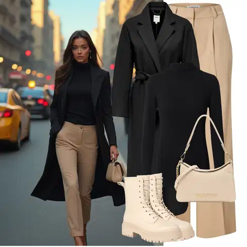 Kombinace Béžová/Khaki Široká Kalhoty/Mušelínové kalhoty/Palazzo Kalhoty/Paperbag Kalhoty/Kalhoty se Štěrbinou/Kalhoty s Vysokým Pasem/Marlene Kalhoty Edited kombinovat s Černá/Tmavě modrá Sveter Rolák/Svetr s límečkem Object