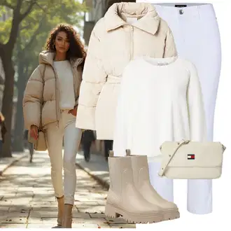 Šik Outfit s Světle modrá Capri Džíny/Kotníková Bota/Dámské Džíny s Délkou 7/8/Termální Džíny/Džíny s Rozparkem/Zkrácené Džíny More & More "Stylový zimní outfity"Look: Styl, Šik, Klasické, Cool, Venkovní, S průsvitem