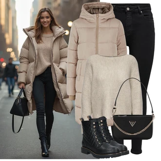 Prošívaný Outfit s Černá Šněrovací Kotníková Bota/Kožená bunda/Vycpaná kozačka/Gumová Kotníková Bota/Bojová Bota/Klasická kozačka/Plochá Kotníková Bota/Kozačka se zipem About You "Perfektní na zimu"