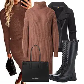 Outfity na zimu s Hnědá/Fialová Dlouhé pletené šaty/Šaty S Rolákem/Svetrové Šaty/Zimní Pletené Šaty Noisy may "Perfektní na zimu"