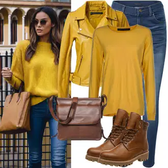 Outfit s Hnědá/Béžová/Žlutá Kožené Bund Kožená vintage bunda/Kožené Bund/Bunda z Umělé Kůže/Bunda s Bočním Zipem/Kožená Bomber Bund Maze "Podzimní Vzhled"