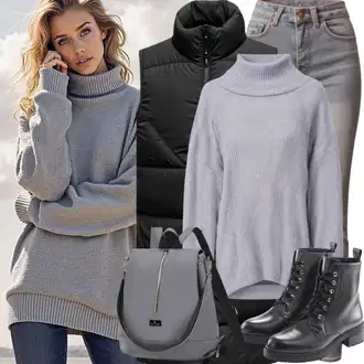 klasický Outfit sa Bijela/Siva/Svjetlosiva Kožna Jakna/Bikerske Traperice/Ženske Traperice 7/8 Dužine/Push-up Traperice/Muška Kožna Jakna/Termo Traperice/Traperice s Prorezom/Čizma do Gležnja/Kožne Cipele/Zimska jakna/High Waist Traperice/Traperice Slim Kroja jjxx "Savršeno za zimu"Look: Rap, Boja, klasický, Vanjski, Običan, cool