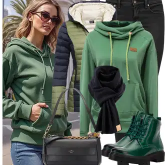 Kombinacije za golf Zima sa Tamnozelena/Zeleno Gumena Čizma/Gumena Gležnjača/Kožna Jakna Adidas Originals, Zeleno Skijaška jakna/Donja Jakna/Ljetna pod-jakna/Termo Jakna/Izolacijska jakna/Jakna za turno skijanje/Puferica Jakna/Zimska Jakna/Hibridna jakna/Jakna za Pakiranje MARIKOO, Crna Kružni Šal/Šal levi's ® "Savršeno za zimu"