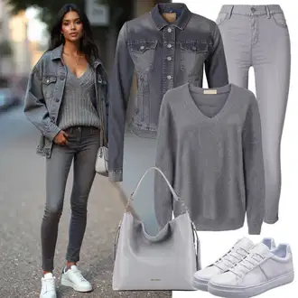 outfit mit Siva/Temno siva/Svetlo siva Ženske 7/8 Kavbojke/Gležnarji/Capri Kavbojke/Odrezane Kavbojke/Push up Kavbojke/Usnjena Jakna/Ozke Kavbojke/Kavbojke na Poteg/Usnjene Čevlje Only "Šik Jesenski Outfit"