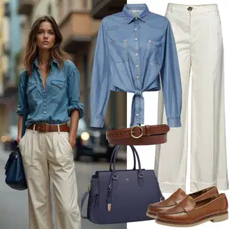 Outfity pro léto Pracovní oděvy s Modrá/Světle modrá Denim tričko/Mušelínová košile/Ležérní košile scalpers "Staré Peníze"Look: Klasické, Styl, Námořní, S průsvitem, Unisex, Pracovní oděvy
