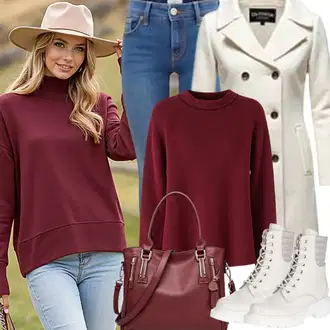 Outfit s Krémová/Bílá/Béžová Midi Kabát/Kožich Kabát/Vlněný kabát/kabát z Lamy/Pletený Kabát/Pletený Fleecový Kabát/Vlněný Fleecový Kabát/Kašmírový Kabát/Kabát Bouclé/Teddy Kabát Boss "Stylový vzhled pro podzim"