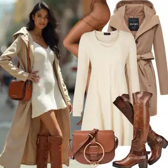 Outfity na podzim s Šedá/Hnědá/Béžová/Světle šedá Kozačka nad Kolena/Kožená Kozačka nad Koleno/Dlouhá Kozačka/Kozačka Na Podpatku/Kozačka po Kolena/Kozačka se zipem/Špičatá Kozačka About You "Stylový vzhled pro podzim"