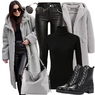Outfit s Šedá/Světle šedá/Tmavě šedá Tweedový Kabát/Zimní Kabát Vlněný kabát/Vlněný Fleecový Kabát/Teddy Kabát/Pletený Fleecový Kabát/Kabát Bouclé/Dlouhý kabát/Kašmírový Kabát/Midi Kabát GLAMOROUS "Stylový vzhled pro podzim"