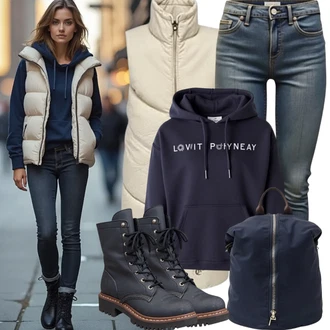 s kapucí Outfit s Tmavě modrá Mikina s polovičním zipem/Svetr s kapucí/Pletená mikina s kapucí/Oversize mikina/Kožená bunda/Vintage mikina/Sportovní mikina/Originální mikina TRIANGLE "Stylový vzhled pro podzim"