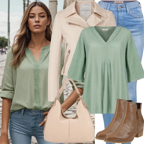 Kombinace Hnědá/Khaki/Béžová/Zelená/Světle zelená/Tmavě zelená Tunikové Tričko/Jednobarevná Halenka/Rozverná blůza/Oversize Muselínová Blůza/Oversize Halenka/Dlouhá tunika/Lněná Halenka/Dětská hračka/Halenka s Nafouknutým Rukávem DeFacto kombinovat s Modrá/Tmavě modrá Dámské Džíny s Délkou 7/8/Kožená bunda/High Waist Džínové Kalhoty/Push up Džín/Zimní bunda/Džíny s Rozparkem/Kožené bundy/Kotníková Bota/Džíny s Dírou/Kožené Boty VERO MODA