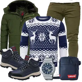 Outfit mit Dunkelblau/Blau/Weiß/Hellblau/Beige StrickPullover/Vintage Pullover/WollPullover/Norweger Pullover/Pullover Bedrucken/Jacquard Pullover/WinterPullover/WeihnachtsPullover Demegimi "Weihnachts Outfits"