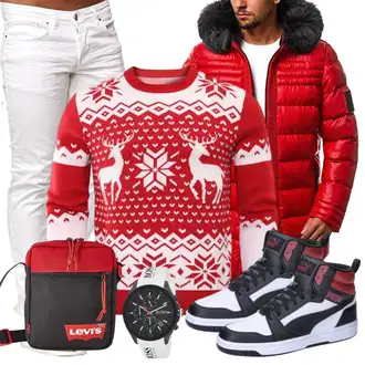 Outfit mit Rot/Weiß/Dunkelrot Pullover Bedrucken/Vintage Pullover/WollPullover/Jacquard Pullover/WinterPullover/WeihnachtsPullover Demegimi "Weihnachts Outfits"