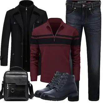 Slim fit Outfit mit Schwarz Duffle Mantel/Scuba-Mantel/Kaschmir Mantel/Mantel mit Reißverschluss/Wollfleece Mantel/Wintermantel Wollmantel KUDORO "winter outfit"