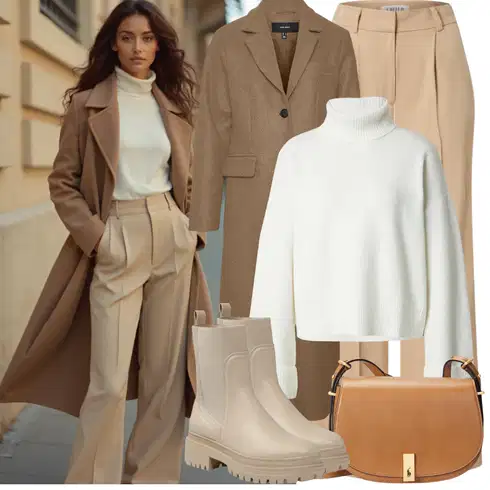 Kombinace Béžová/Khaki Široká Kalhoty/Mušelínové kalhoty/Palazzo Kalhoty/Paperbag Kalhoty/Kalhoty se Štěrbinou/Kalhoty s Vysokým Pasem/Marlene Kalhoty Edited kombinovat s Krémová/Bílá/Khaki Sveter Svetry 2 v 1/Basic Svetr/Kašmírový Svetr/Jednoduchý Svetr/Rolák/Svetr s límečkem florence by mills exclusive for about you