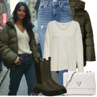 Hunting Outfit s Tmavě zelená Kozačka Chelsea Boty/Kožená bunda/Gumová Kotníková Bota About You "Zimní Outfity"Look: Jízda na koni, Turistika, Hunting, Trekking