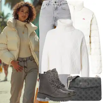 S Pertlanjem Outfit sa Svjetlosiva/Siva Traperice Široke Nogavice/Traperice Ravne Nogavice/Trapez Traperice/Dad Traperice/Vintage traperice/Muška majica/Muška Kožna Jakna/Traperice Opuštenog Kroja/High Waist Traperice/Formalna Košulja/Traperice s Prorezom/Mom Jean Only "Zimske Odjeće"