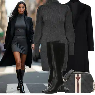 Outfity na zimu s Šedá/Tmavě šedá/Černá Šaty S Rolákem/Svetrové Šaty/Pletené Šaty/Zimní Pletené Šaty Only "Zimní Outfity"